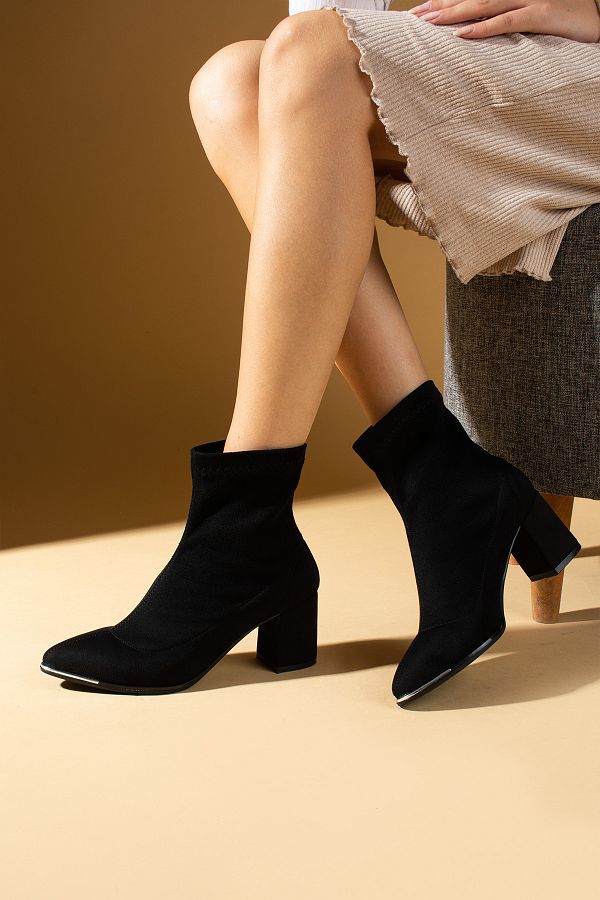 Pembe Potin Women s New Season Black Suede Heeled Pointed Toe Stretch Thick Heel Boots