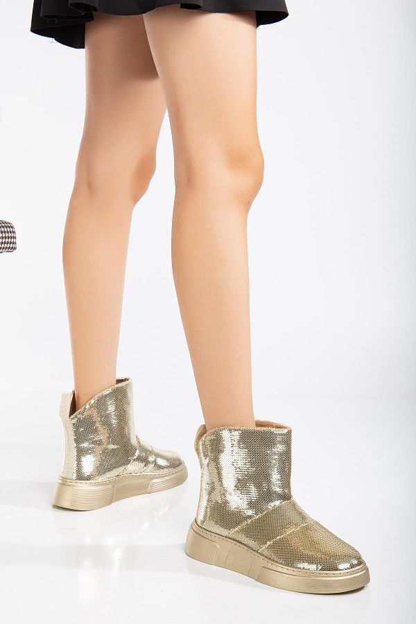 Dilimler Ayakkab Shiny Gold Sequin Women s Boots Flat Sole Laceless Trendyol