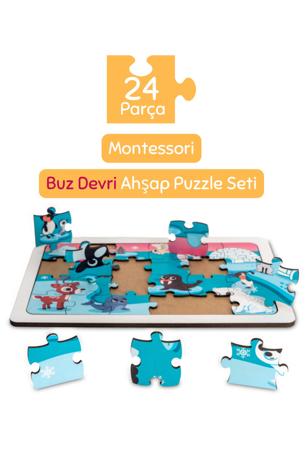 Hopiers Montessori Buz Devri 24 Parça Ahşap Puzzle Seti / Eğitici, Öğretici Ve Güvenli Çocuk Oyuncağı