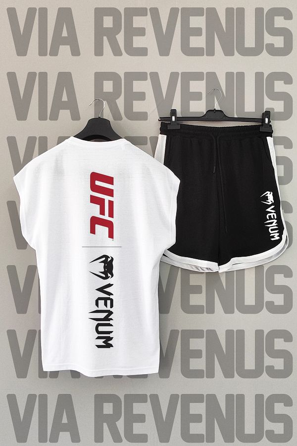 Vordevia-Tricou sport cu mânecă zero și pantaloni scurți negri cu imprimeu UFC Venum față și spate 1