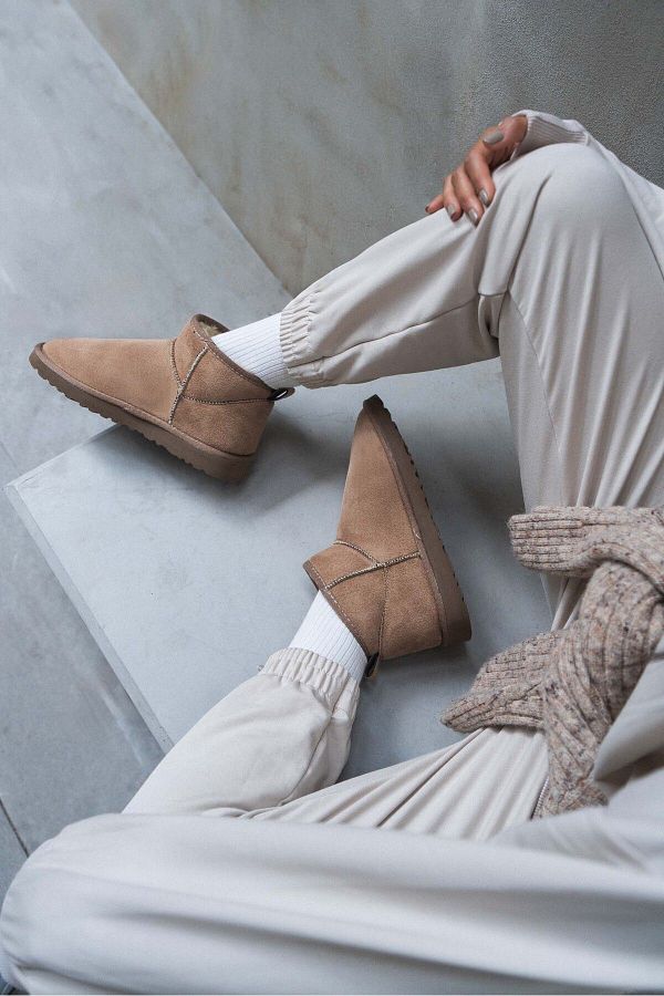 N ANTA I SHOES Mini Dark Beige Suede Ankle Boots with Furry Inside Flat Sole Women s Shoes Trendyol