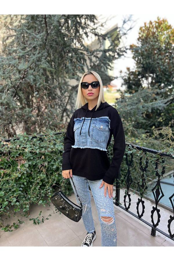 For Angels-Hooded Denim Knitwear Sweater 1