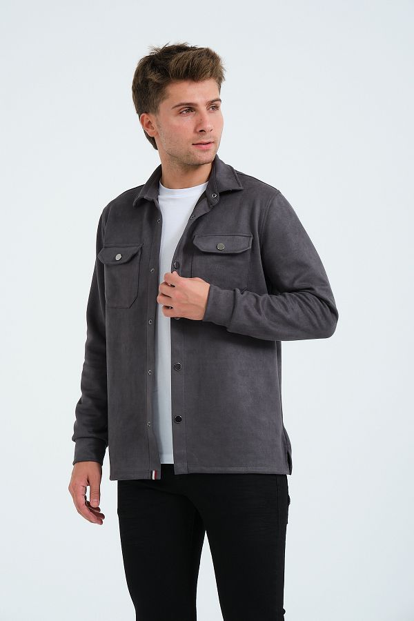 Rich-Cămașă din piele intoarsa pentru barbati gri Tricou Top Camasa groasa Jacheta afumata 1