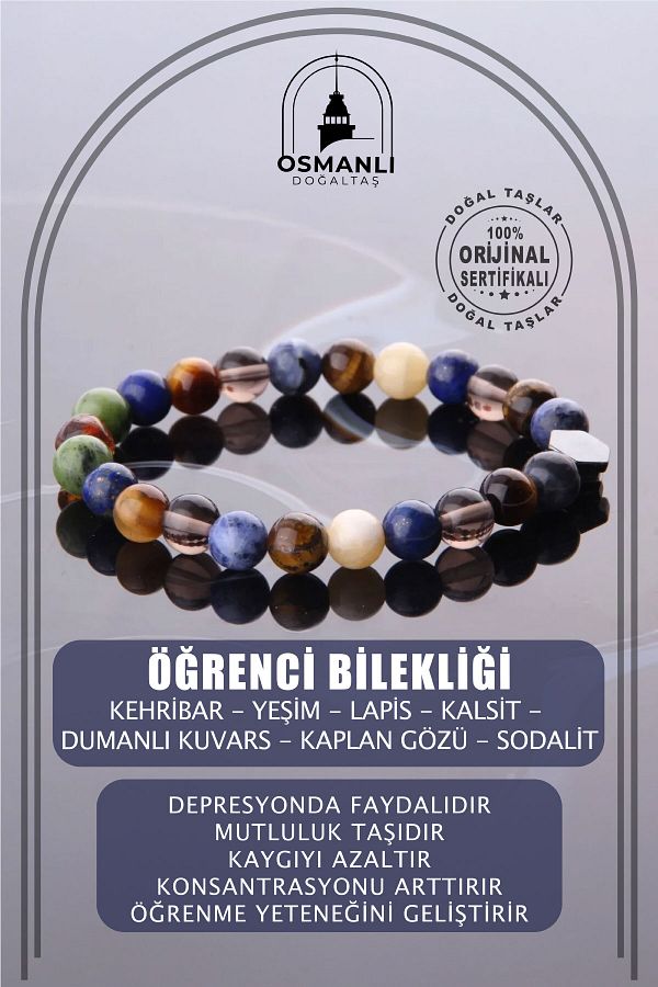 OSMANLI DOĞAL TAŞ-Student Bracelet - Amber - Jade - Lapis - Calcite - Smoky Quartz - Tiger Eye - Sodalite -8 Mm 1