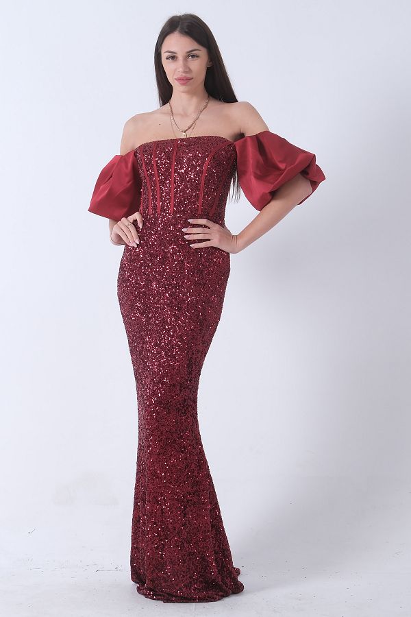 Feminist-Rochie de seara cu maneca balon burgundy - paiete cu paiete 9705296 1