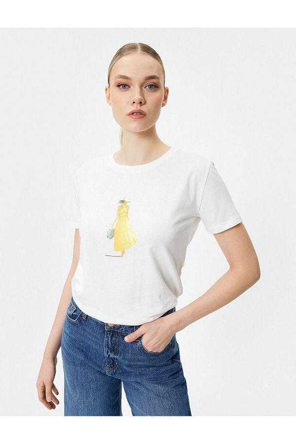 Koton-Crew Neck Printed Cotton T-Shirt 1
