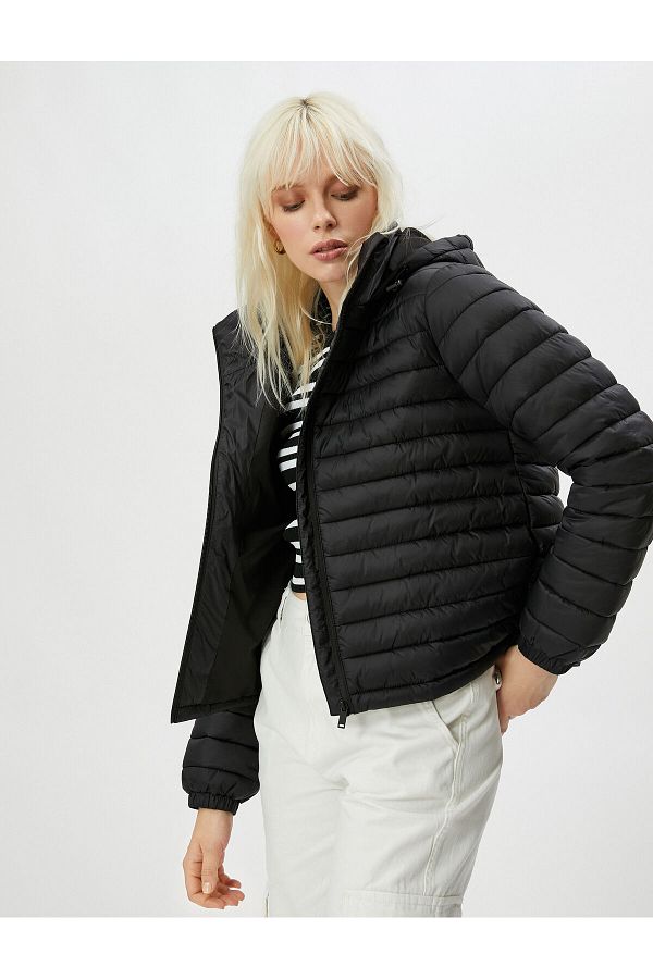 Koton-Short Puffer Jacket with Hooded Zipper and Elastic Sleeves 1