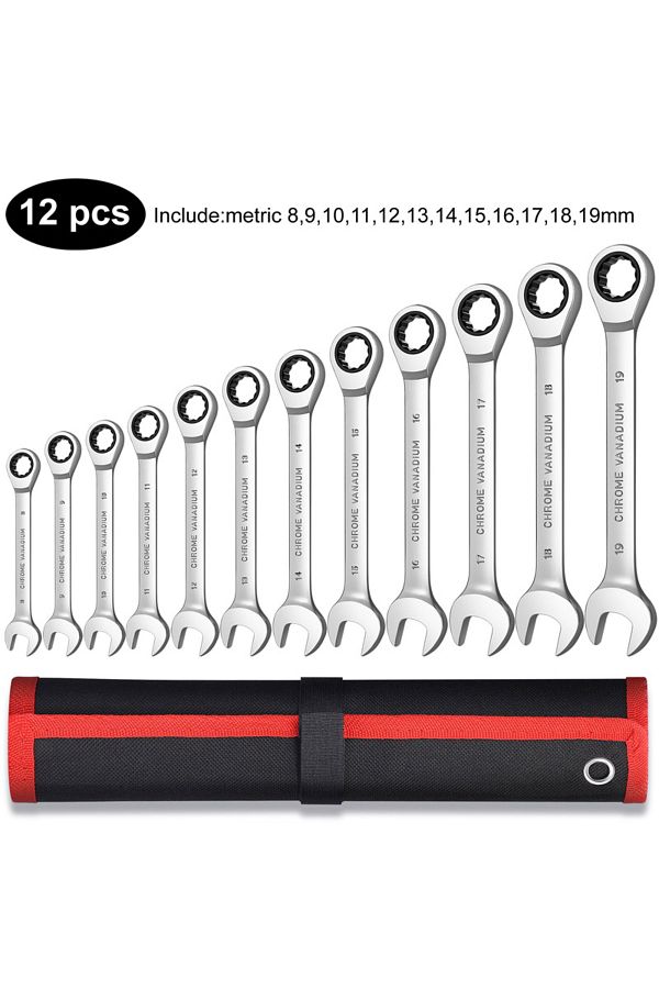 Venmess-12pcs(8-19) Ratcheting Combination Wrench Set,12 Point Box End And Open End Wrench Set Spanner Fit F 1