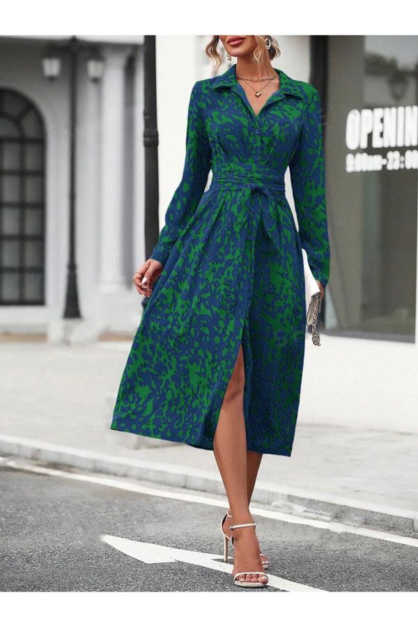 Modayakamoz-Women's Long Sleeve Collared Front Buttoned Waist Belted Long Single Jersey Dress 1