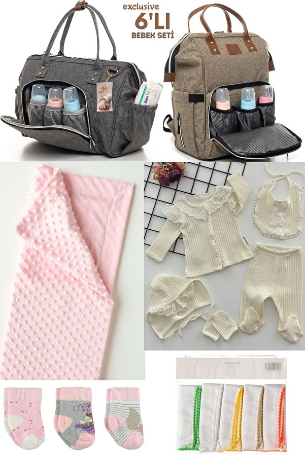 Kidex’s Baby 6’LI BEBEK DOĞUM SETİ(HASTANE ÇIKIŞ,ANNE&BEBEK BAKIM OMUZ VE SIRT ÇANTASI,BATTANİYE,ÇORAP VE MENDİL)