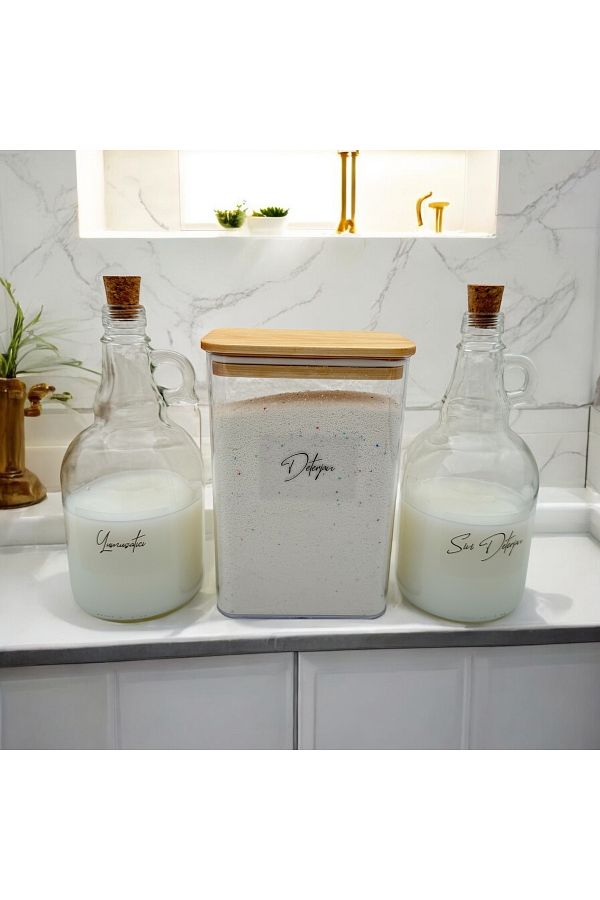 zezedesing-2000ml Cork Detergent Jar with Wooden Lid - 1000ml Softener Bottle 1