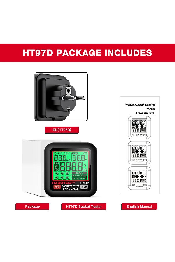 Choice-HT97 Digital Socket Tester Voltage Detector RCD GFCI Voltage Test EU US UK Plug Large Display Out... 1