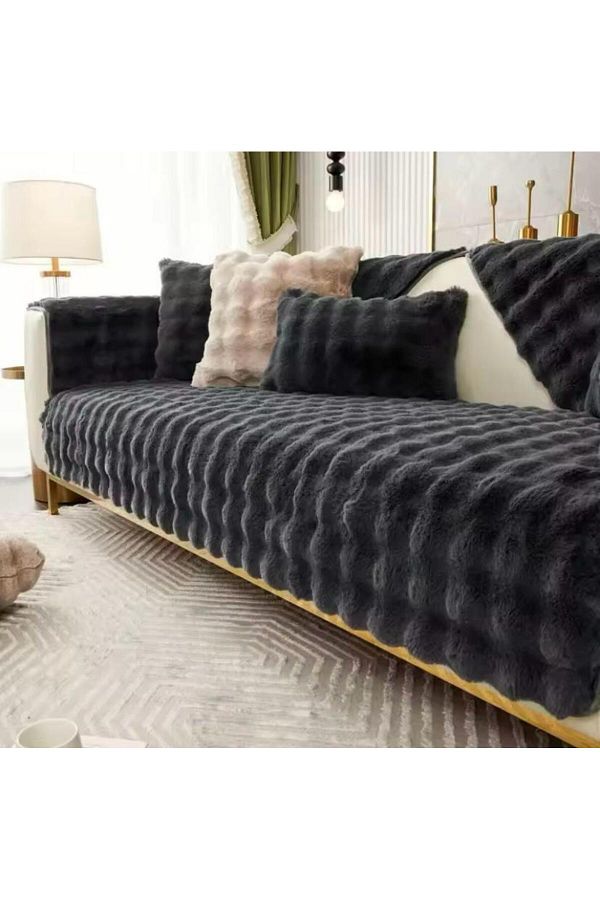 MER HOME-Pluș de iepure în relief cu model diamantat gros pentru scaunul de trei persoane (1 buc) Dimensiune 80*190 cm (NEGRU) 1
