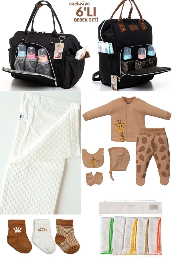 Kidex’s Baby 6’LI BEBEK DOĞUM SETİ(HASTANE ÇIKIŞ,ANNE&BEBEK BAKIM OMUZ VE SIRT ÇANTASI,BATTANİYE,ÇORAP VE MENDİL)