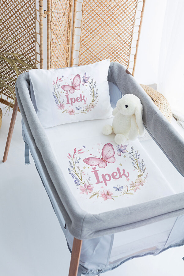 Lilabio %100 Pamuk Saten İsme Özel İsimli 70x120 Park Yatak Nevresim Seti Kelebek