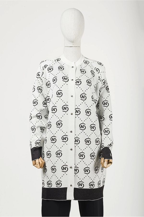 Invee-İnvee 6692 Patterned Knitwear Cardigan - Ecru/Black 1
