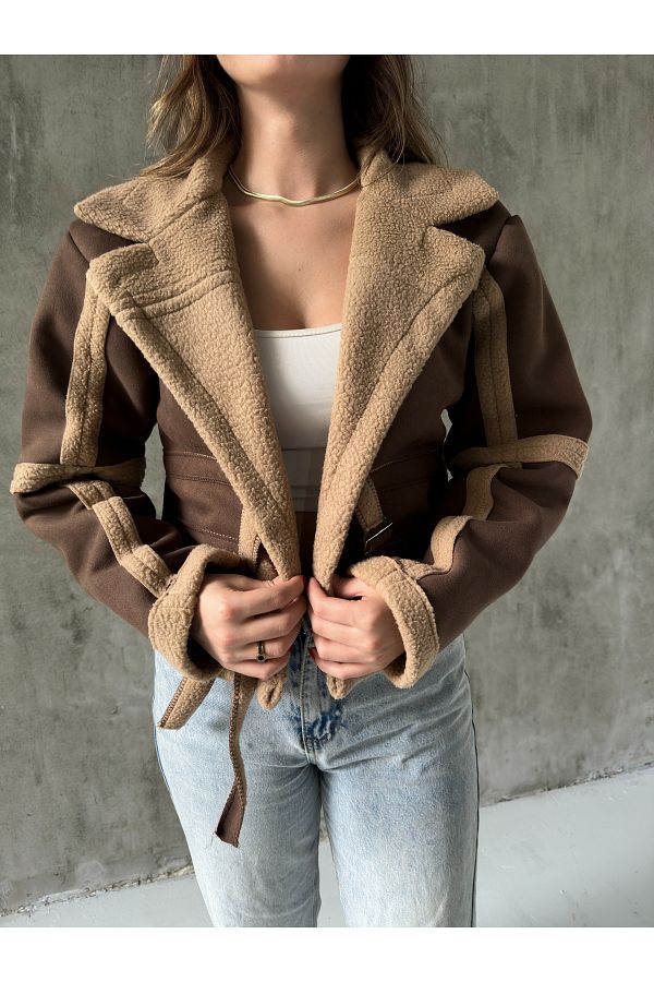 Asfa Moda Women s Brown Fur Lined Belted Suede Jacket Coat Trendyol