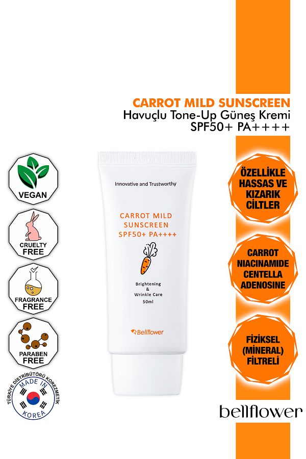 Bellflower-Tone Up Effect Carrot and Centella Mineral Sunscreen - Light Structure, SPF50+ Pa++++, 50ml 1