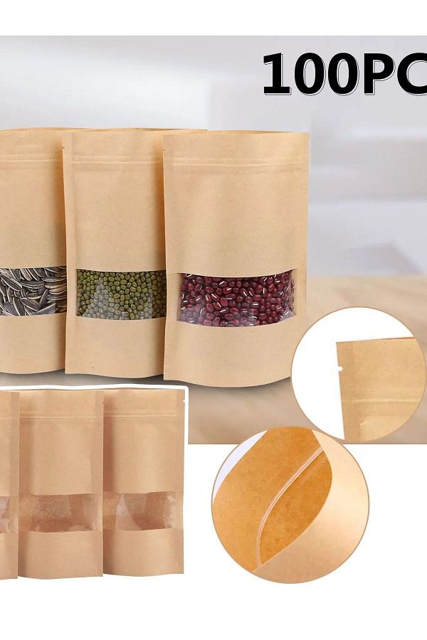 Choice 100Pcs Resealable bags Stand Up Kraft Paper Bags with Matte Window Zip Lock Food Storage Bags f. Trendyol