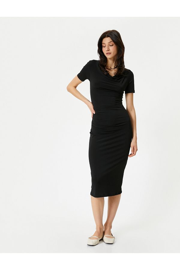 Koton-Rochie Midi Guler Drapat Mânecă Scurtă Croiala Standard 1