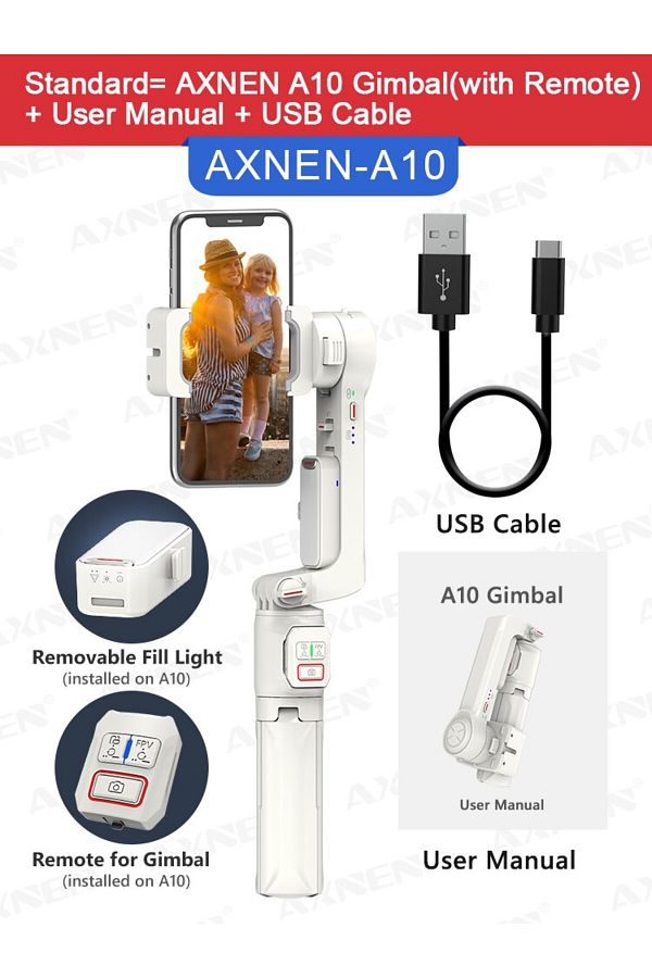 Choice-AXNEN A10 Smartphone Handheld Gimbal with Fill Light Extension Rod Remote,Cellphone Video Record ... 1