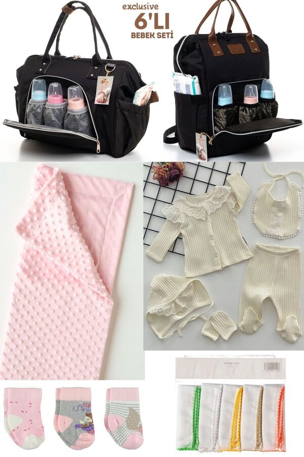 Kidex’s Baby 6’LI BEBEK DOĞUM SETİ(HASTANE ÇIKIŞ,ANNE&BEBEK BAKIM OMUZ VE SIRT ÇANTASI,BATTANİYE,ÇORAP VE MENDİL)