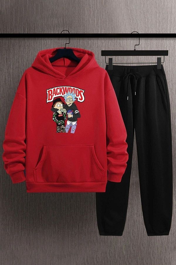 FREEDA WORKSHOP-Unisex Red Hooded Makima Hugging Denji Printed Tracksuit Set 1