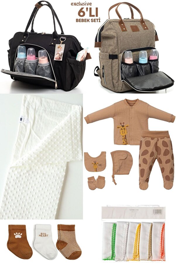 Kidex’s Baby 6’LI BEBEK DOĞUM SETİ(HASTANE ÇIKIŞ,ANNE&BEBEK BAKIM OMUZ VE SIRT ÇANTASI,BATTANİYE,ÇORAP VE MENDİL)