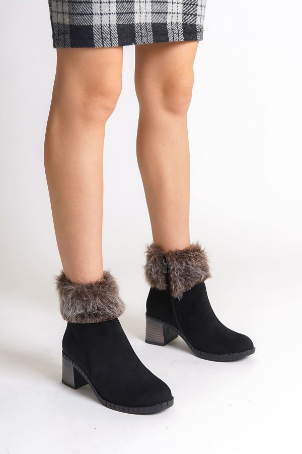 Rozero Shoes-Ember Suede Boots for Women - Zip-Up, Orthopedic Sole, Water and Cold Resistant, Hairy Heels - St Black 1