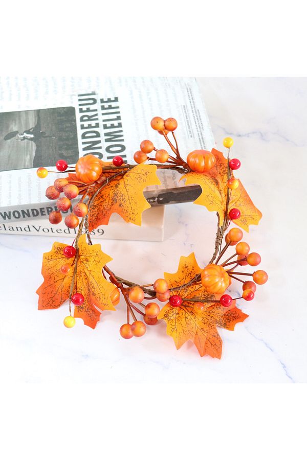 Choice-Simulated Pumpkin Maple Leaf Garland Small Wreath Candle Ring for Halloween Thanksgiving Day Deco... 1