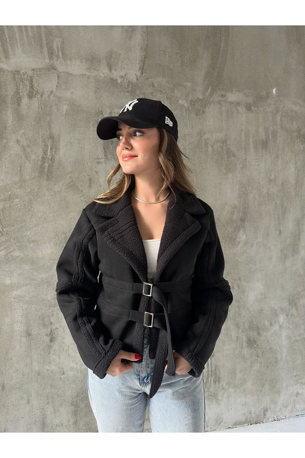 BNK Shop Mink Fur Lined Belted Suede Jacket Coat Trendyol