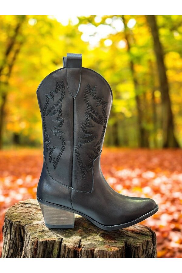 ALDİ-Aldi̇ Black Leather Black Embroidered Zipperless Western Women's Cowboy Boots 1