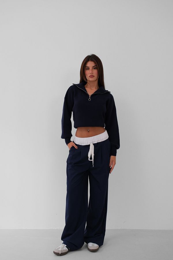Black Fashion-Zippered Oversize Navy Blue Knitwear Sweater 1