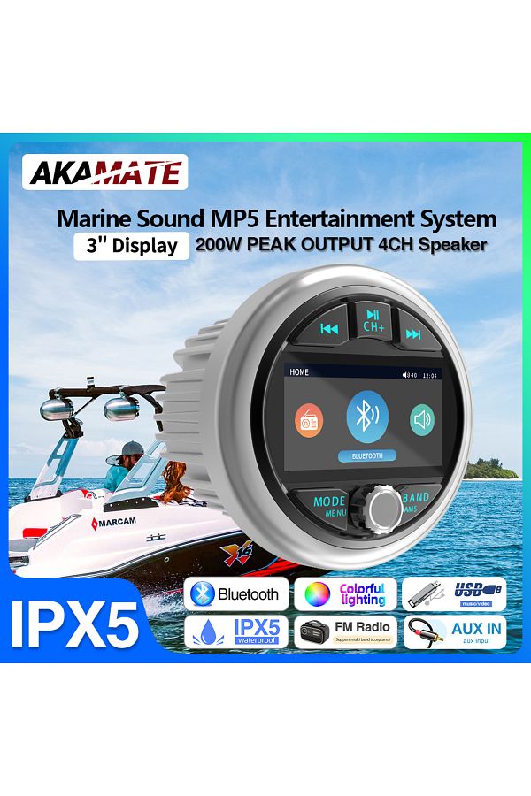 Choice-AKAMATE Boat Radio MP5 Marine Stereo Source Media Player AM FM RDS Receiver MP3 MP4 Video Play Bl... 1