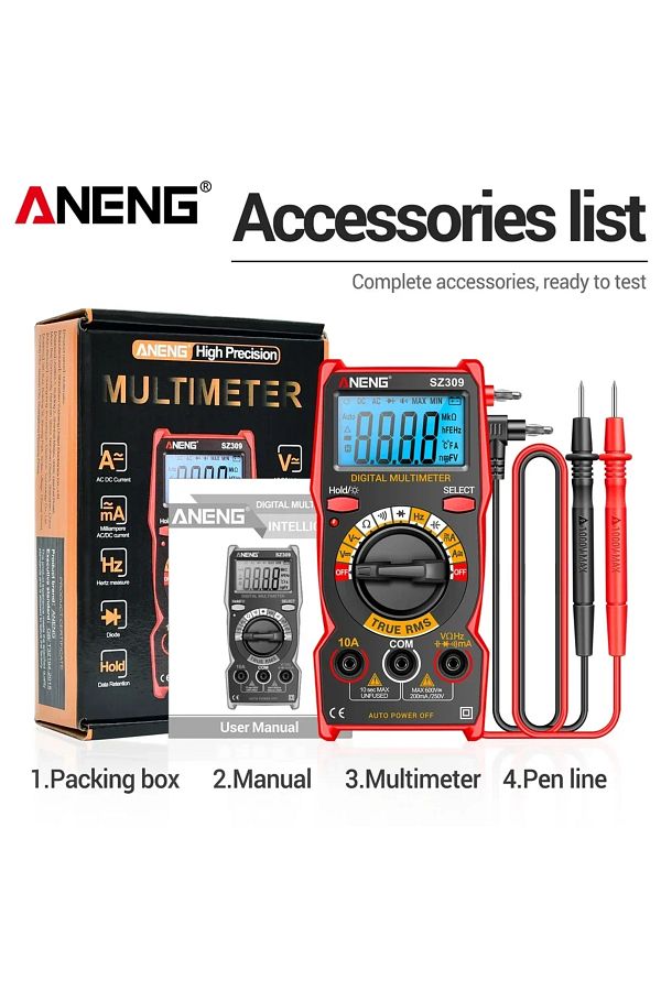 ANENG-SZ309 Red Multimeter AC/DC Voltage Current Tester Digital Backlit Easy To Carry Electrical ... 1