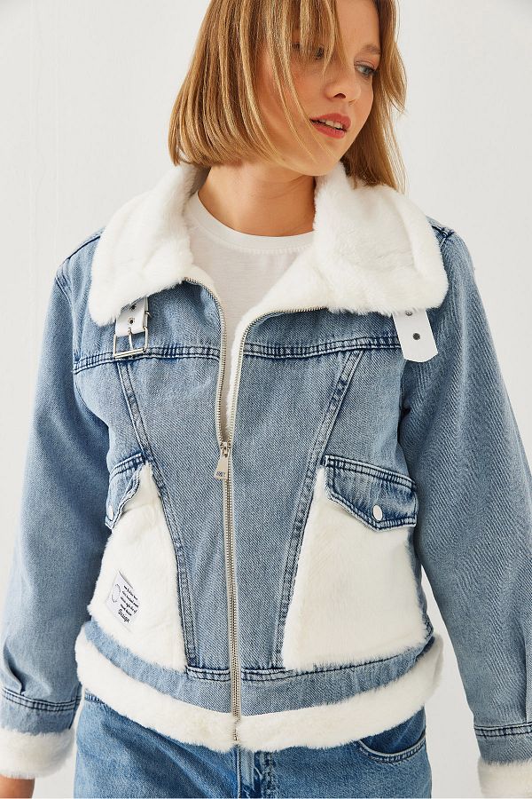 Bianco Lucci-Women's Belt Detailed Furry Denim Coat 2438 60251947 1