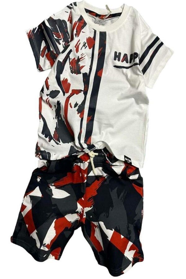 Riccotarz-Boy's Happy Text and Camouflage Patterned Red Shorts Set with Pockets 1