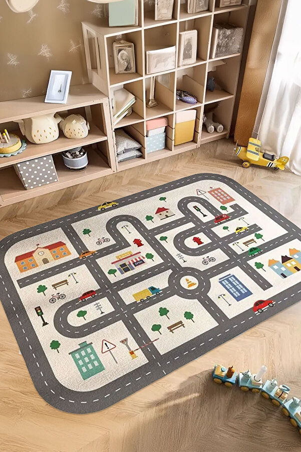 Decomia Home Dijital Kaymaz Yıkanabilir Oval Köşeli Araba Yollu Oyun Halısı Çocuk Odası Halısı Oyun Matı