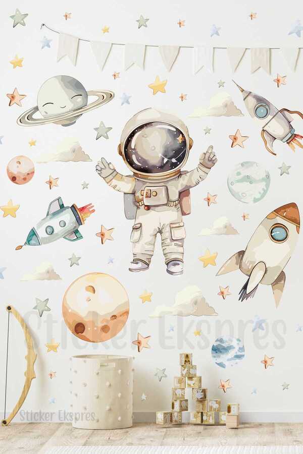 Sticker Ekspres Pastel Renklerde Astronot Uzay Set Gezegen Çocuk Odası Duvar Sticker Seti