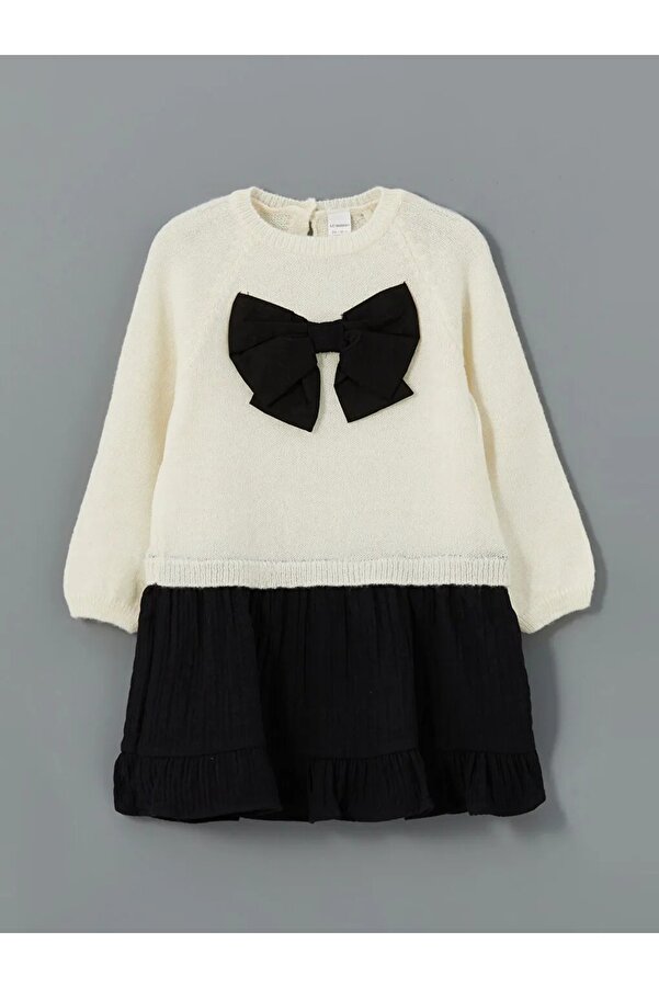 LC Waikiki LCW baby Krem Rengi Bisiklet Yaka Triko Kız Bebek Elbise