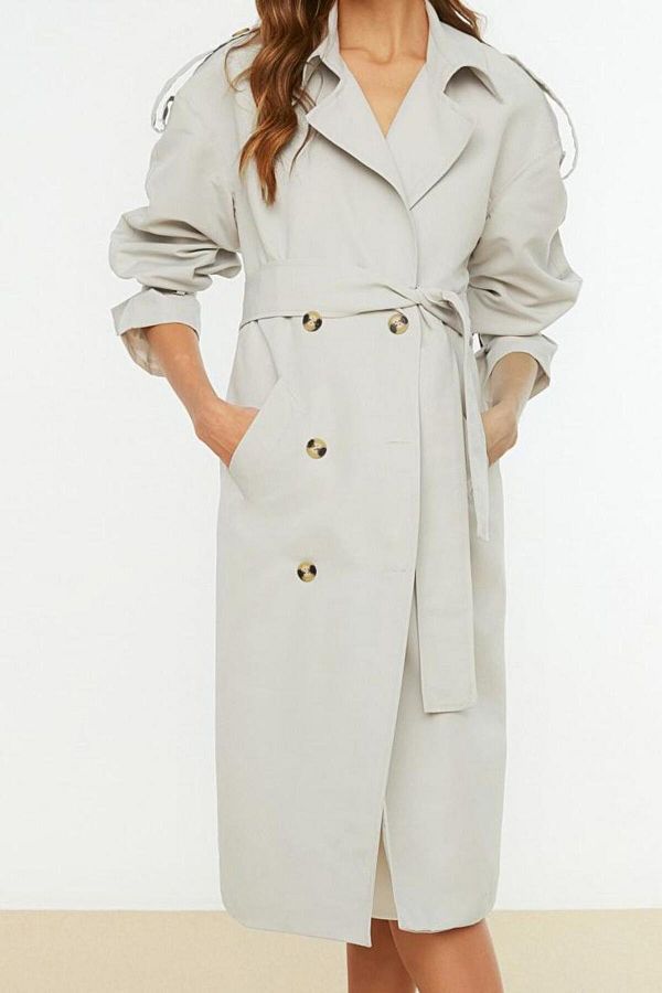 ERSEFA Design Plain Lined Collar Long Oversize Jacket Women s Wide Cut Belted Water Repellent Long Trench Coat Trendyol