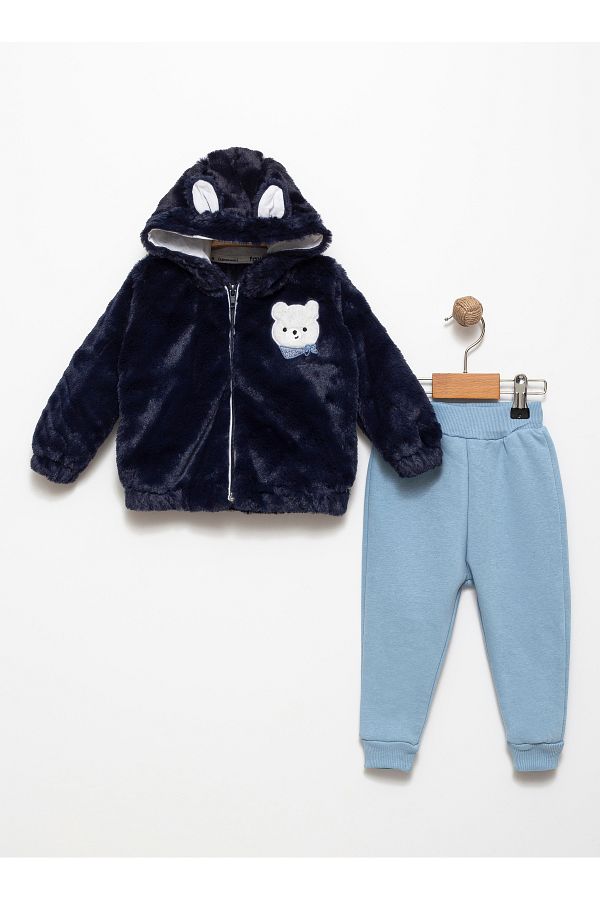 Favo Kids Unisex Baby Bear Embroidered 6 9 12 18 Months Plush Cardigan Cotton Hooded Jogger Set Trendyol