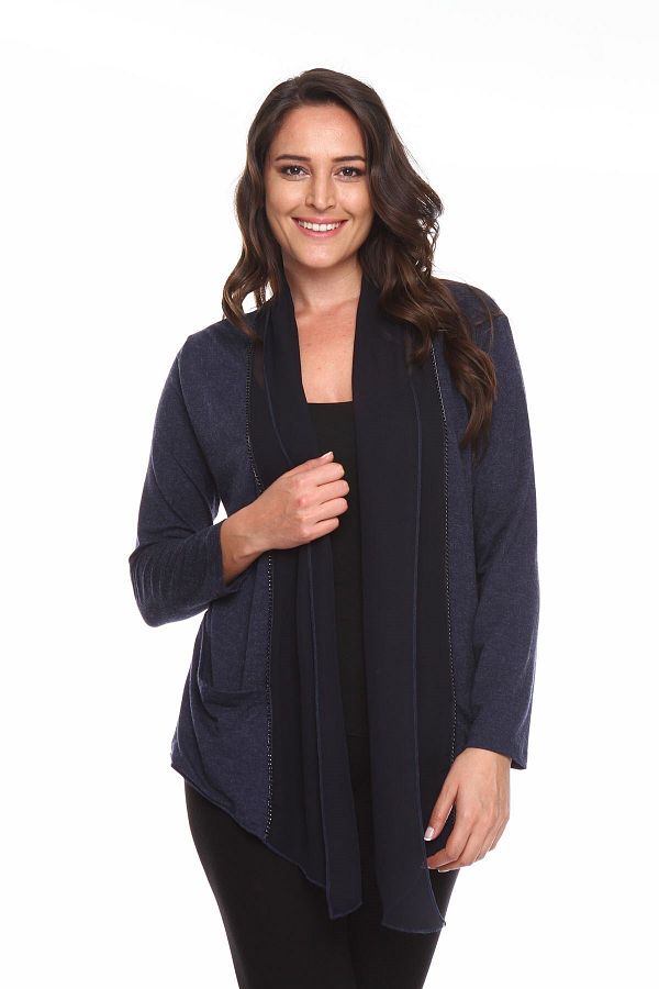 Zer Otantik Chiffon Shawl Collar Large Size Cardigan with Pockets Navy Blue Trendyol