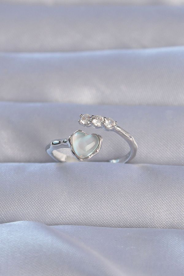 Skygo-Heart Model Ring with Zirconia and Adjustable Pearlescent - Brass Silver Color - Tj-Byk3232 1