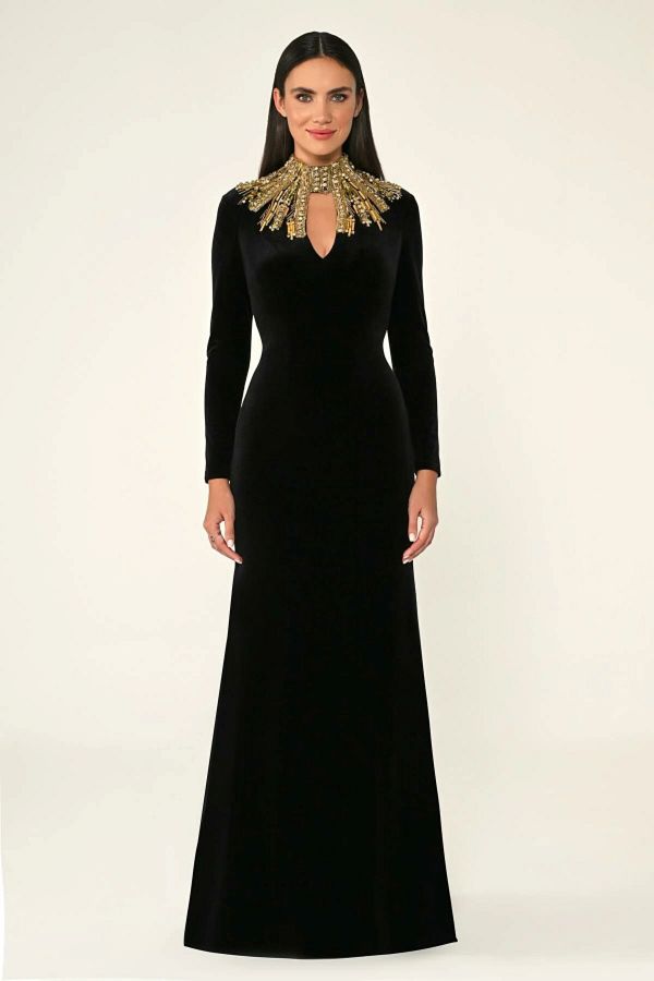 ALFABETA-Velvet Long Sleeve Stylish Evening Dress with Back Decolt Top Size and Neck Rhinestones 1