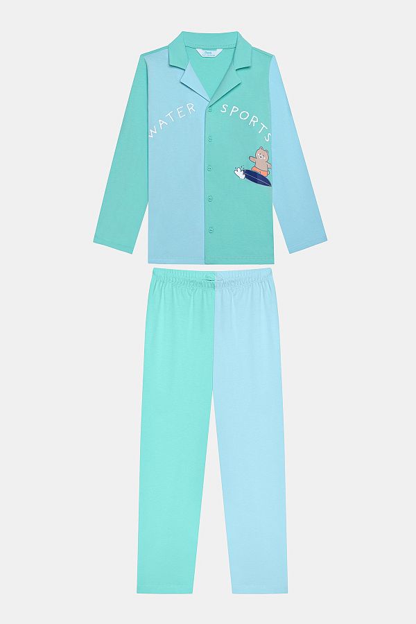 Penti-Baumwoll-Wassersport-Pyjama-Set für Jungen in gebrochenem Weiß mit Knöpfen 1