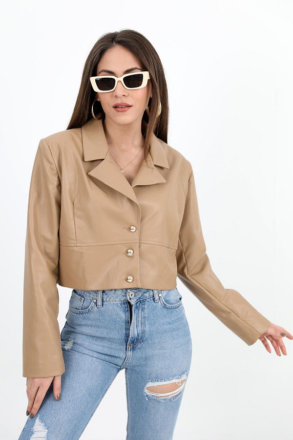 VAPUR TEKSTİL-Camel Colored Short Leather Jacket - Double Breasted Collar and Wadding Detail 1