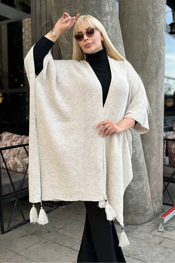 RURIS-Women's Beige Tasseled Knitwear Plus Size Poncho 1