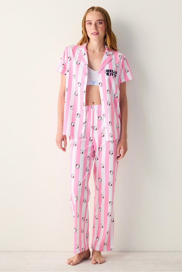 Penti Cotton Sanrio Happy White Buttoned Shirt Pants Pajama Set