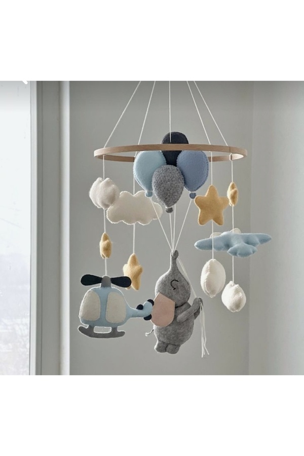 hobiimobiii Dönence (MÜZİKLİ) Bebek beşik süsü keçe dönence uçak helikopter balon fil